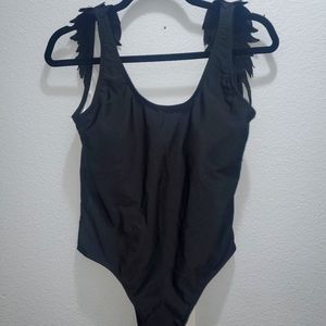 Wing applique low back, scoop neck, Brazilian one-piece swimsuit.